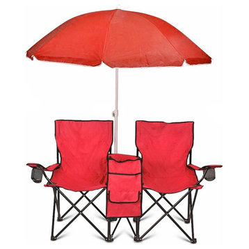 GoTeam Portable Double Folding Chair w/Removable Umbrella, Cooler Bag and Carry