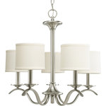 Progress Lighting - Progress Lighting 5-60W Candle Chandelier, Brushed Nickel - Harkening back to a simpler time, the Inspire Collection freshens traditional forms with flowing lines. Waving metal arms rush from the center to gracefully support off-white linen shades in this five-light chandelier in Brushed Nickel. Unique ceiling chain mount supplies you with 6 feet of 9 gauge chain