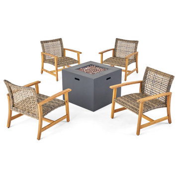 Carry Outdoor 5-Piece Wood and Wicker Fire Pit Set, Gray/Natural