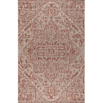 Estrella Bohemian Medallion Textured Weave Indoor/Outdoor, Red/Taupe, 5 X 8
