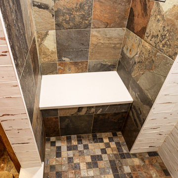 Century Home Farmhouse Masterbath with Vessel Sink and Tiled Shower