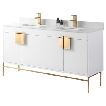Modern White Bathroom Vanity Set, Satin Brass Hardware,Marbel Top