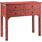 ELK HOME - Elk Home 13370 Wilber 4-Drawer Console - Brick Red - ELK HOME 13370 Wilber 4-Drawer Console - Brick Red. Four-drawer petite console. Hand-painted brick red finish with light brown rub. Metal button mushroom shaped hardware. Collection: Wilber. Style: Traditional. Primary Color/Finish: Light Brown. Primary Color/Finish Family: Brown. Primary Material: Wood Composite. Primary Material Sub Style: MDF. Secondary Color/Finish: Red. Secondary Color/Finish Family: Red. Secondary Material: Wood. Dimension(in): 16(W) x 40(Depth) x 36(H).