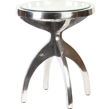 Round Metal Accent Table In Polished Nickel Finish With Glass Top