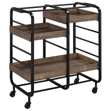 Kitchen Serving Cart, Metal Frame With 3 Tray Style Shelves, Black/Walnut