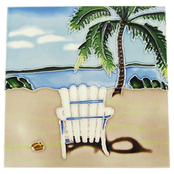 Empty Beach Chair and Palm Tree Beach Scene Ceramic Tile 8 x 8 Inches