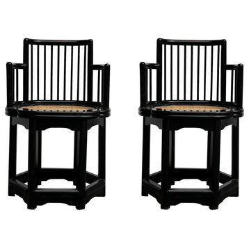 Pair Chinese Black Hexagonal Rattan Seat Elm Wood Armchairs Hcs7668