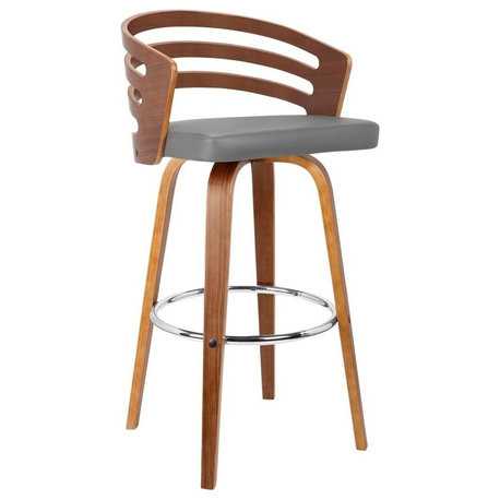 Jayden 30" Mid-Century Swivel Bar Height Barstool, Gray Faux Leather