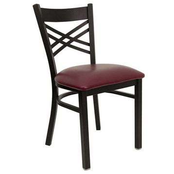 Black ''X'' Back Metal Dining Chair, Burgundy Vinyl Seat/Black Metal Frame