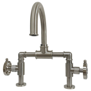 Belknap Style Wheel Handle Bridge Bathroom Faucet With Drain, Brushed Nickel