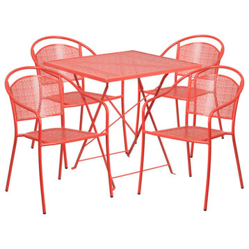 28'' Square Indoor-Outdoor Steel Patio Table and Round Back Chairs, Coral