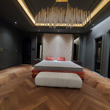 Grand Dark Luxury Master Bedroom with Giant Crystal Statement Chandelier