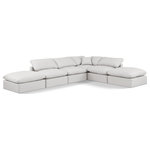 Meridian Furniture - Indulge Upholstered Modular U-Shaped Sectional, Cream, 6-Piece: 3 Armless Chair, 1 Corner Chair, 2 Ottoman, Fiber Stuffed Vegan Leather - Experience ultimate comfort and style with our cream vegan leather Indulge Sectional. The luxurious vegan leather will elevate the aesthetic of any room. This sofa provides ample space for you to relax while its modular build offers the option of unlimited configurations. Whether you're looking to add a stylish element to your living room or a comfortable seating option to your bedroom, this sofa is the perfect choice.