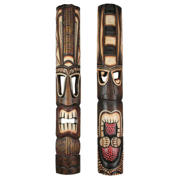 40 Inch Set of 2 Hand Made Wooden Tiki Masks Decorative Tropical Wall Art Decor
