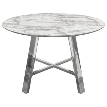 Paris 47" Round Dining Table With Faux Marble Top and Chrome Base