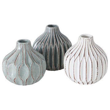 3 Piece Faded Teal, Gray and Ivory Scandi Stoneware Vase Set
