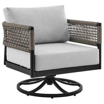 Felicia Patio Swivel Rocking Chair in Black Aluminum and Grey Rope with Cushions