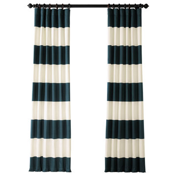 Dusk Blue & Off-White Horizontal Stripe Cotton Curtain, 50"x108"