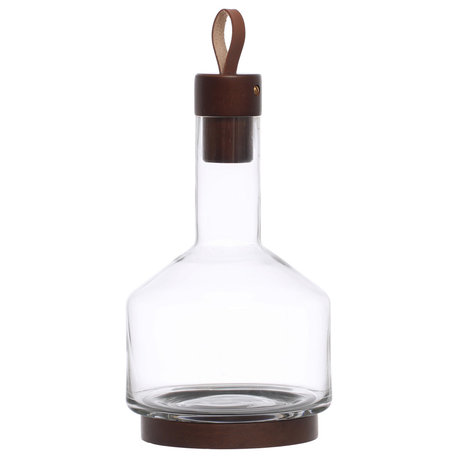 10.5" 62-Ounce Glass Carafe, Stopper, Leather Pull, Walnut