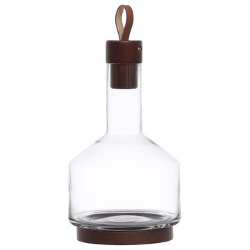10.5" 62-Ounce Glass Carafe, Stopper, Leather Pull, Walnut