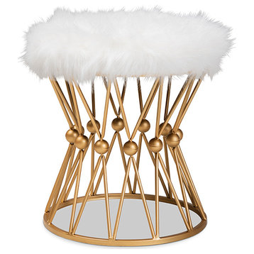 Leonie Glam and Luxe White Faux Fur Upholstered Gold Finished Metal Ottoman
