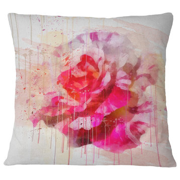Red Rose With Watercolor Splashes Floral Throw Pillow, 18"x18"