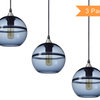 Unique Optic Hand Blown Glass Pendant Lights, Brushed Nickel, Set of 3, Blue