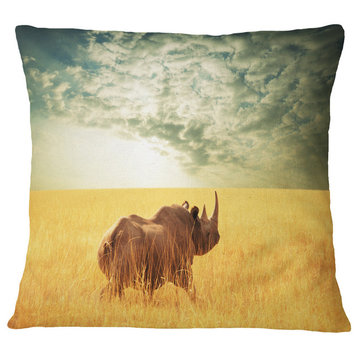 Rhino in Grassland Under Cloudy Sky African Throw Pillow, 16"x16"