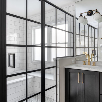 Black and White Double Vanity with Large Wet Room