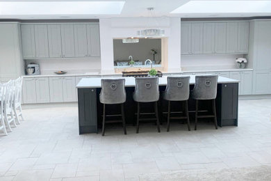 Contemporary Kitchen with Grey Shaker Doors and White Quartz Worktops