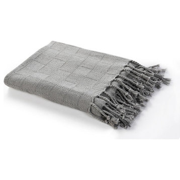 Checkered Weave Throw Blanket with Fringe, Light Gray
