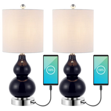 Cora 22" Vintage Glass LED Table Lamp, USB Charging Port, Set of 2, Blue