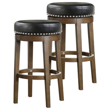 2 Pack Bar Stool, Swivel Design With Rounded Faux Leather Seat & Footrest, Black