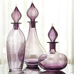 Three Glass Bottles With Stoppers, Purple - Home Decor