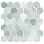 Pearl Drop Ineriors Design - Icelandic Green Hexagon 12x11.81 Polished Marble Mosaic - Add a splash of elegance to your decor with this 12 in. x 11.81 in. Honed Marble Mosaic Tile. This Grade 1 tile makes a statement on floors, walls and countertops. The luxurious Icy Green with hints of white hexagonal pieces are compatible with subsurface heating elements and water-resistant, providing ample opportunities for floors and walls in kitchens and bathrooms. Offering supreme style and strength, the frost-resistant tile absorbs more than 3% but less than 0.5% of water. This flooring option is skid-resistant for added safety.