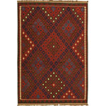 Bareens Designer Rugs - Vintage Antique 1970s Samatha Hand Woven Kilim Rug - Hand-woven in the holy city of Mazar-i-Sharif in Afghanistan in 1970, this gorgeous antique Kilim rug has been hand-woven by skilled artisans. Made in a rich color pallet the rug features an authentic Mojazghani design, this gorgeous piece of history is sure to make a statement in any decor. Hand-woven by skilled weavers using pure wool and all vegetable dyes, in geometrical pattern, this one of a kind kilim rugs features timeless designs, motifs and colors, kilim rugs have universal appeal, transcending cultural and educational barriers.
