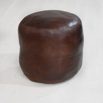 Solid Handmade Leather Pouf (Recycled Cotton Fill), Brown, [Round)18x18x18