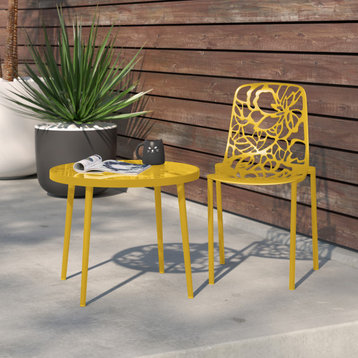 LeisureMod Devon Modern Outdoor Stackable Aluminum Dining Chair, Yellow