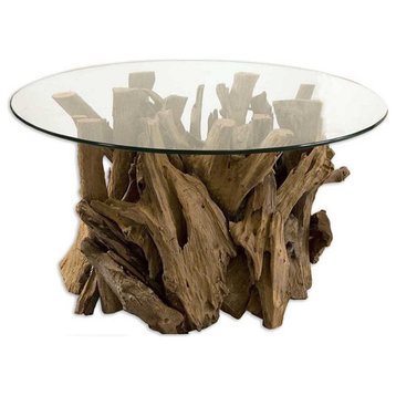 Bowery Hill Contemporary Driftwood Glass Coffee Table in Natural
