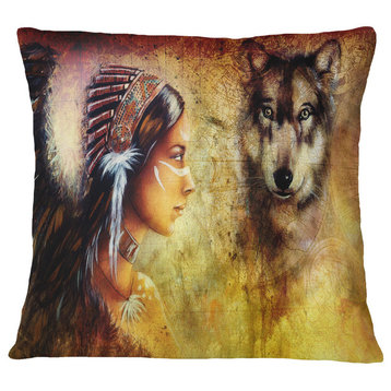 Woman With Wolf Portrait Throw Pillow, 18"x18"