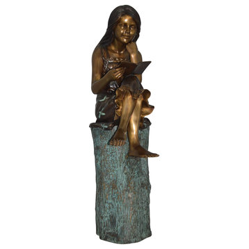 Sitting Girl on Log Reading a Book Bronze Statue -  Size: 19"L x 13"W x 48"H.