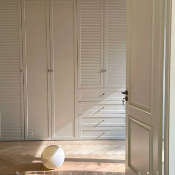 Milky white ecological board walk-in wardrobe.