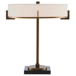 Currey & Company - Jacobi Table Lamp - What happens when a designer takes what was essentially a time-honored profile that dates back to the days of the Industrialists and gives it a marvelously modern profile? Our Jacobi Table Lamp. With a minimal amount of metal in an antique brass finish, the design impact is vast. The thin stem rising from a black marble base is cool enough given its width is echoed by the finial, but the way the off-white shantung shade is clasped by geometric accents and the height of the shade give this design its va-va-voom.