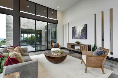 Huge minimalist open concept marble floor and gray floor living room photo in Austin