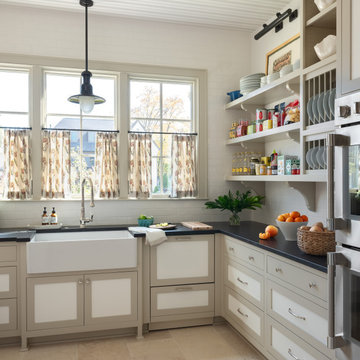 Los Angeles Farmhouse Sink & Open Shelving Pantry Dark Counters Stone Floors