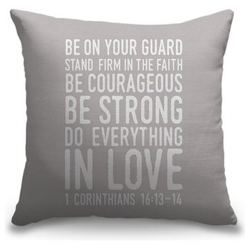 "1 Corinthians 16:13-14 - Scripture Art in White and Grey" Outdoor Pillow