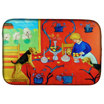 Airedale Terrier With Lady In The Kitchen Dish Drying Mat, 14x21, Multicolor