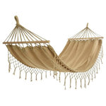 KAEMINGK - Tassel Fringe Hammock - Our new fringed sand coloured garden hammock is made from 100% FSC eco-friendly cotton and has wooden spreader bars which make it easier to get in and out off and also help it to dry faster after a rain shower.