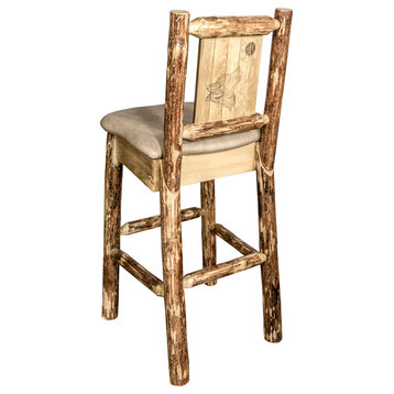 Glacier Country Collection Barstool, W/ Laser Engraved Bear, Buckskin Upholstery