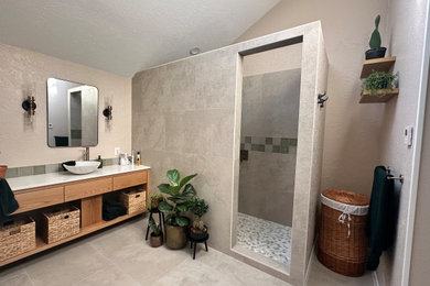 Inspiration for a 1950s beige tile alcove shower remodel in Houston with quartz countertops, white countertops and a floating vanity